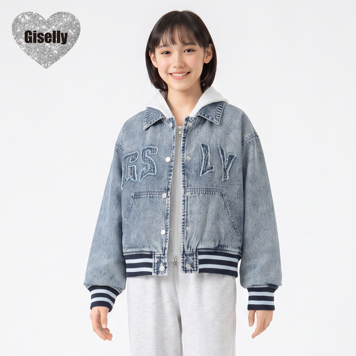 Giselly(ジゼリー) 衿付デニムブルゾン キッズ 女の子 130cm-160cm(ブルー-130cm)