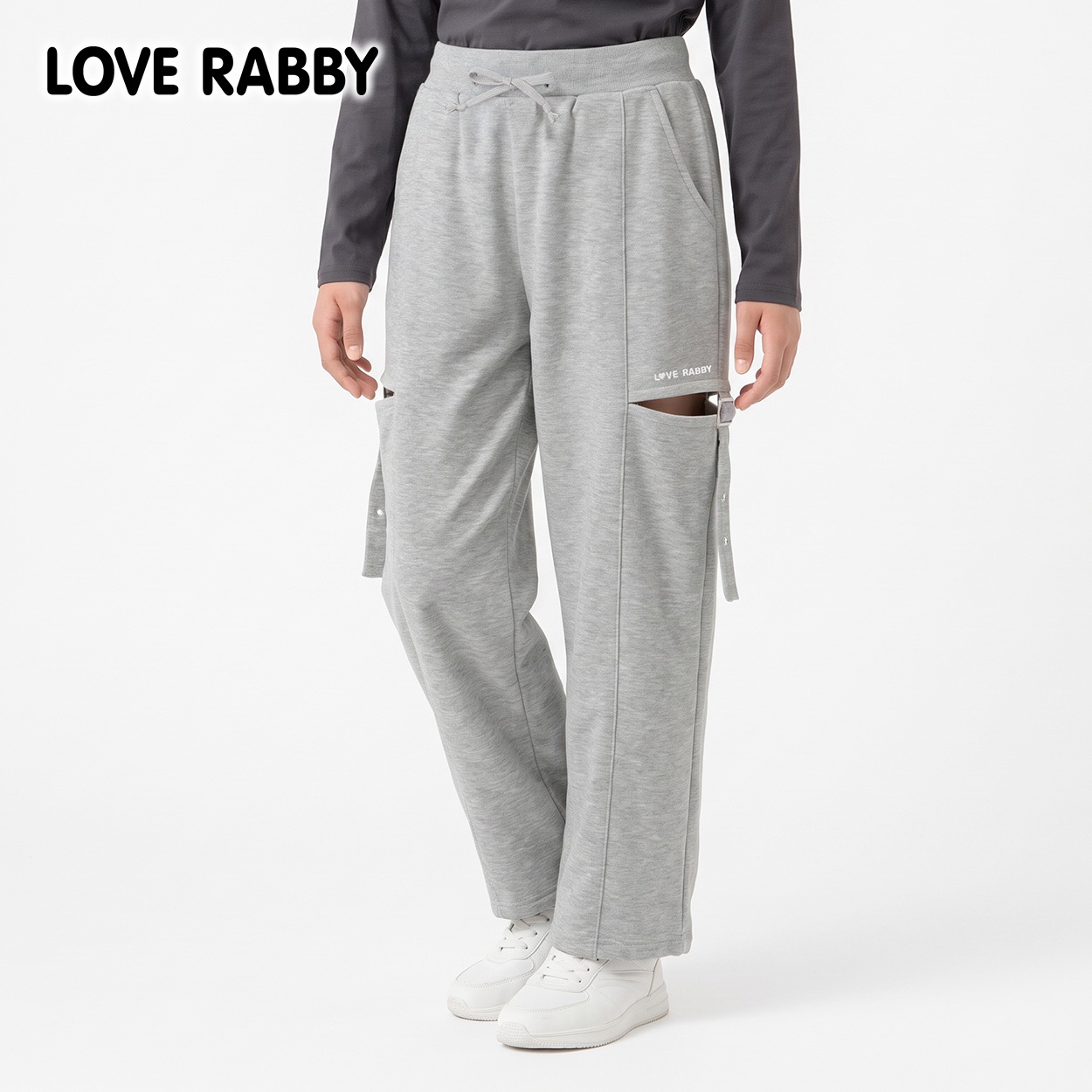 LOVERABBY(ラブラビ) 裏毛脇スリットスウェットパンツ キッズ 女の子 （130～160cm）(グレー-160cm)