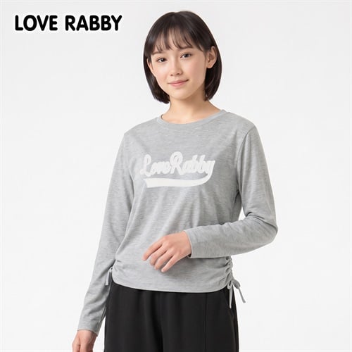 LOVERABBY(ラブラビ) 天竺アップリケ脇シャーリング長袖Tシャツ キッズ 女の子 （130～160cm）(グレー-130cm)