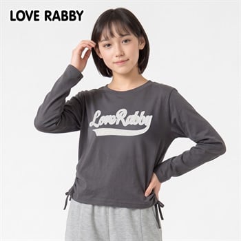 LOVERABBY(ラブラビ) 天竺アップリケ脇シャーリング長袖Tシャツ キッズ 女の子 （130～160cm）(チャコールグレー-130cm)