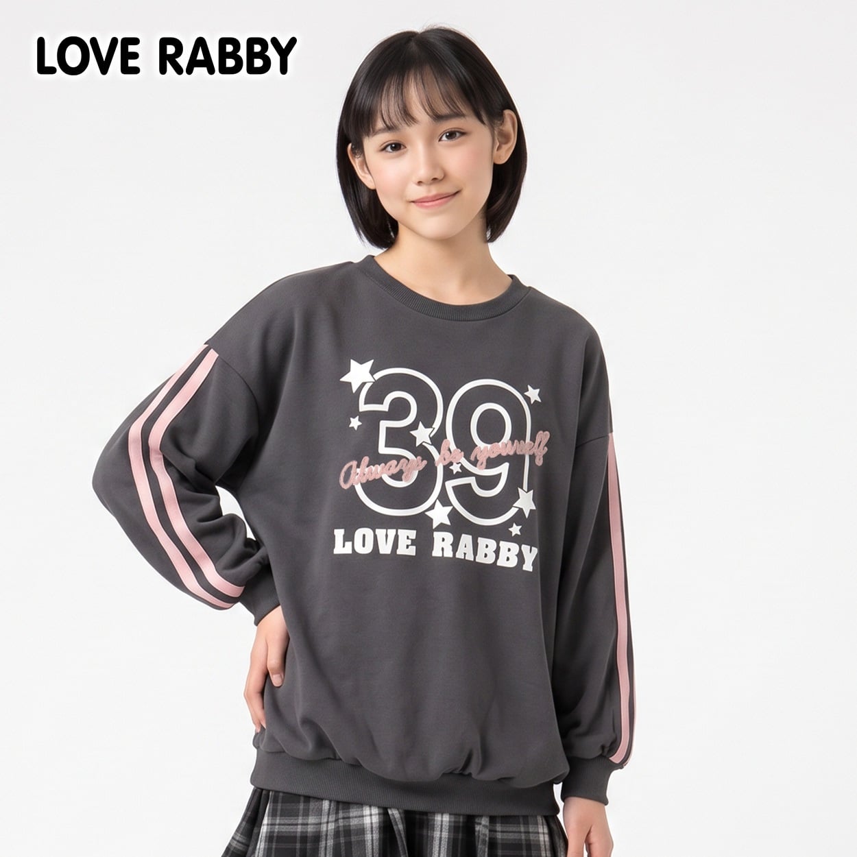LOVERABBY(ラブラビ) 裏毛ポロ衿スウェットチュニック キッズ 女の子 （130～160cm）(チャコールグレー-140cm)