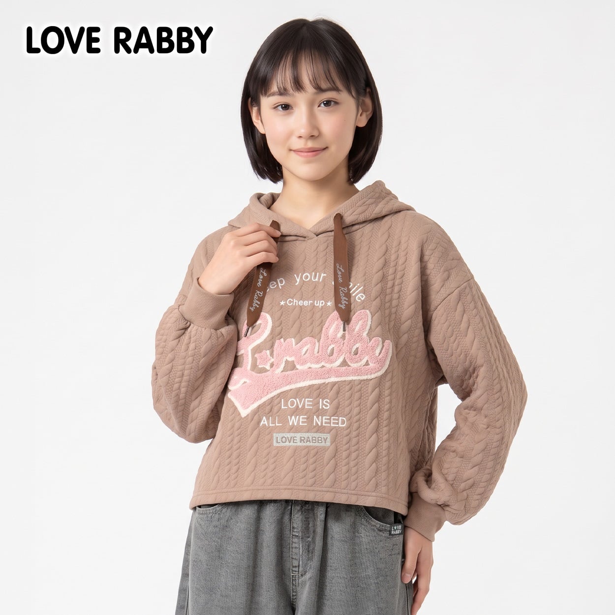 LOVERABBY(ラブラビ) ニットソーサガラ刺繡スウェットパーカー キッズ 女の子 （130～160cm）(ブラウン-160cm)
