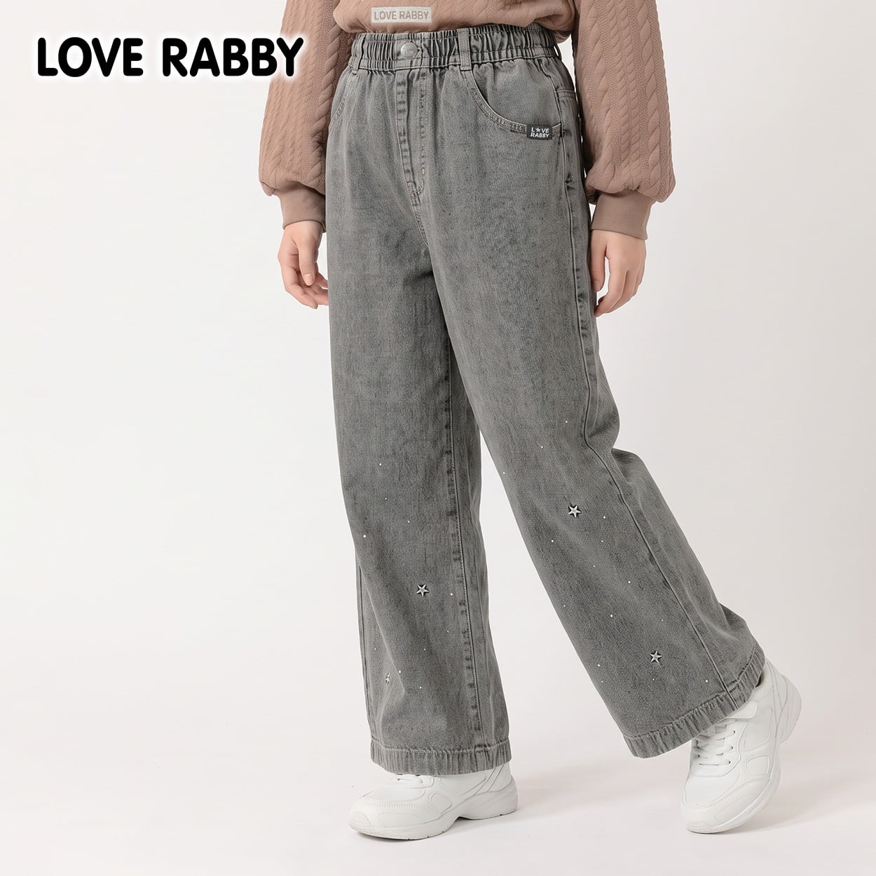 LOVERABBY(ラブラビ) デニムラインストーン使いワイドパンツ キッズ 女の子 （130～160cm）(ブラック-140cm)