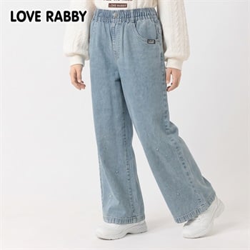 LOVERABBY(ラブラビ) デニムラインストーン使いワイドパンツ キッズ 女の子 （130～160cm）(ブルー-130cm)