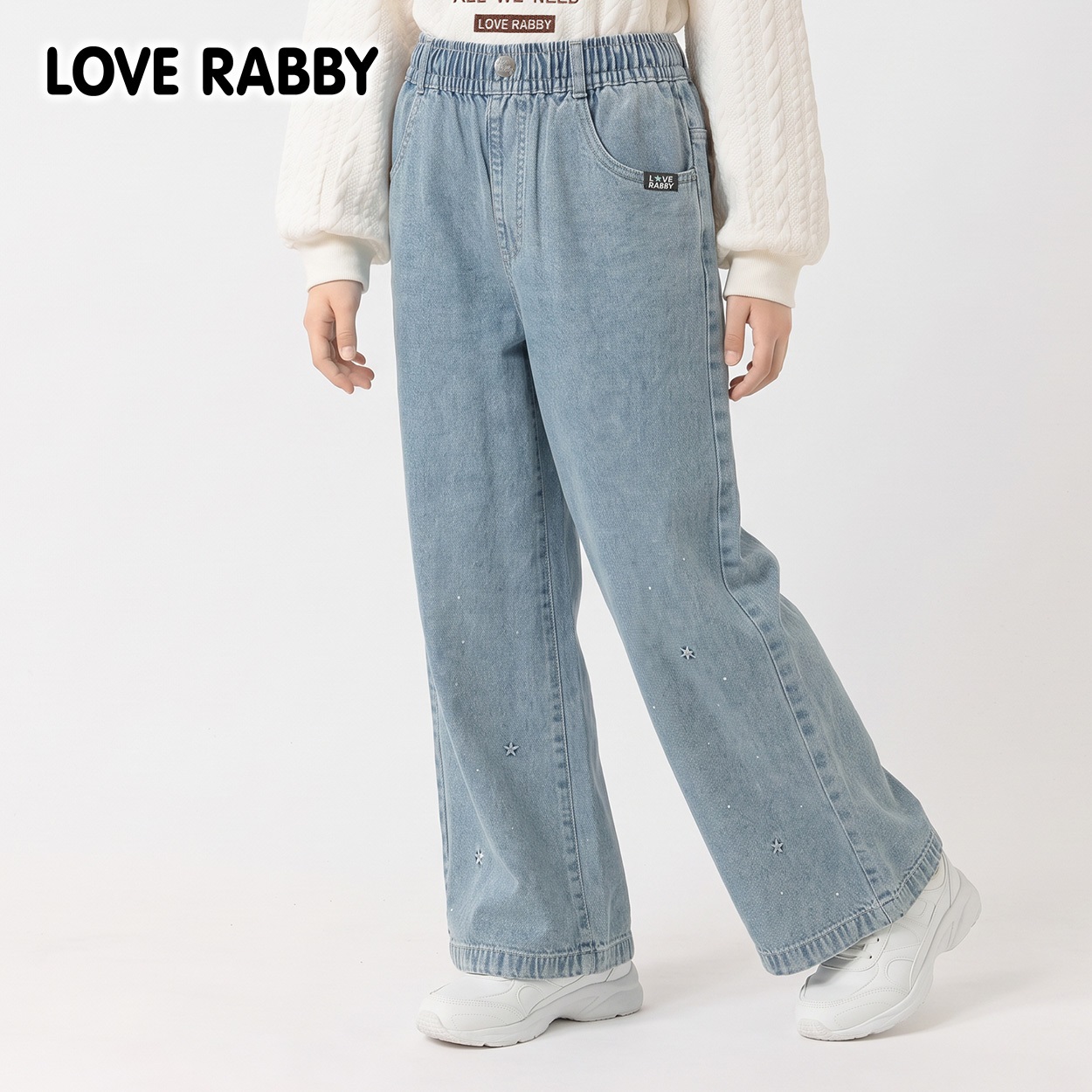 LOVERABBY(ラブラビ) デニムラインストーン使いワイドパンツ キッズ 女の子 （130～160cm）(ブルー-160cm)