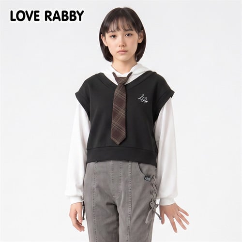 LOVERABBY(ラブラビ) ダンボールベストフェイクレイヤードパーカーTシャツ キッズ 女の子 130cm-160cm(ブラック-130cm)
