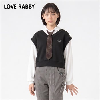 LOVERABBY(ラブラビ) ダンボールベストフェイクレイヤードパーカーTシャツ キッズ 女の子 130cm-160cm(ブラック-130cm)