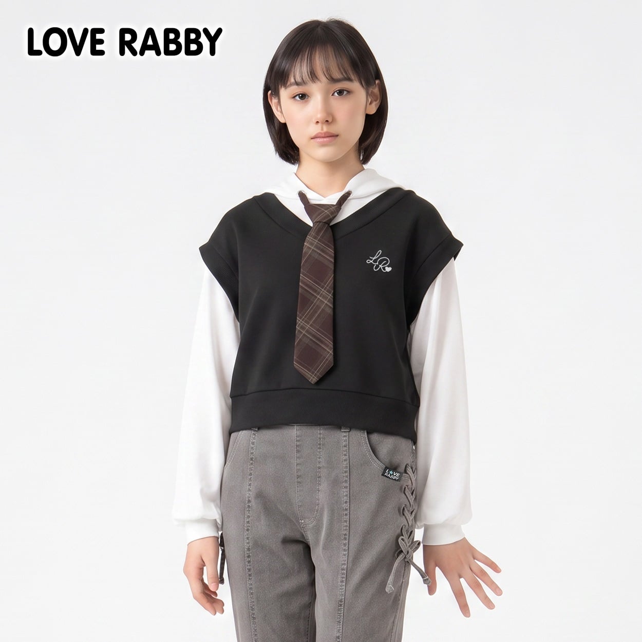 LOVERABBY(ラブラビ) ダンボールベストフェイクレイヤードパーカーTシャツ キッズ 女の子 130cm-160cm(ブラック-140cm)