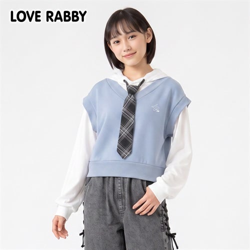 LOVERABBY(ラブラビ) ダンボールベストフェイクレイヤードパーカーTシャツ キッズ 女の子 130cm-160cm