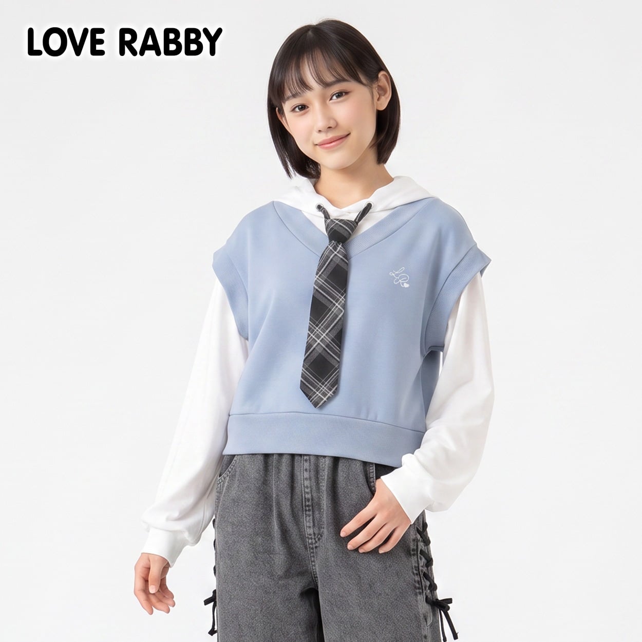 LOVERABBY(ラブラビ) ダンボールベストフェイクレイヤードパーカーTシャツ キッズ 女の子 130cm-160cm(ブルー-160cm)