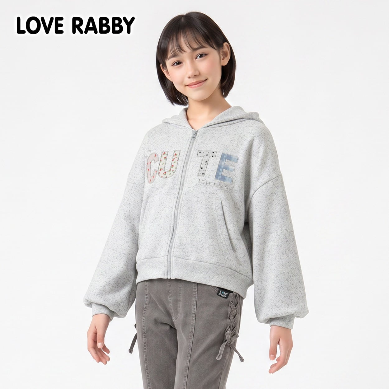 LOVERABBY(ラブラビ) アマ裏毛アップリケジップパーカー キッズ 女の子 130cm-160cm(グレー-130cm)