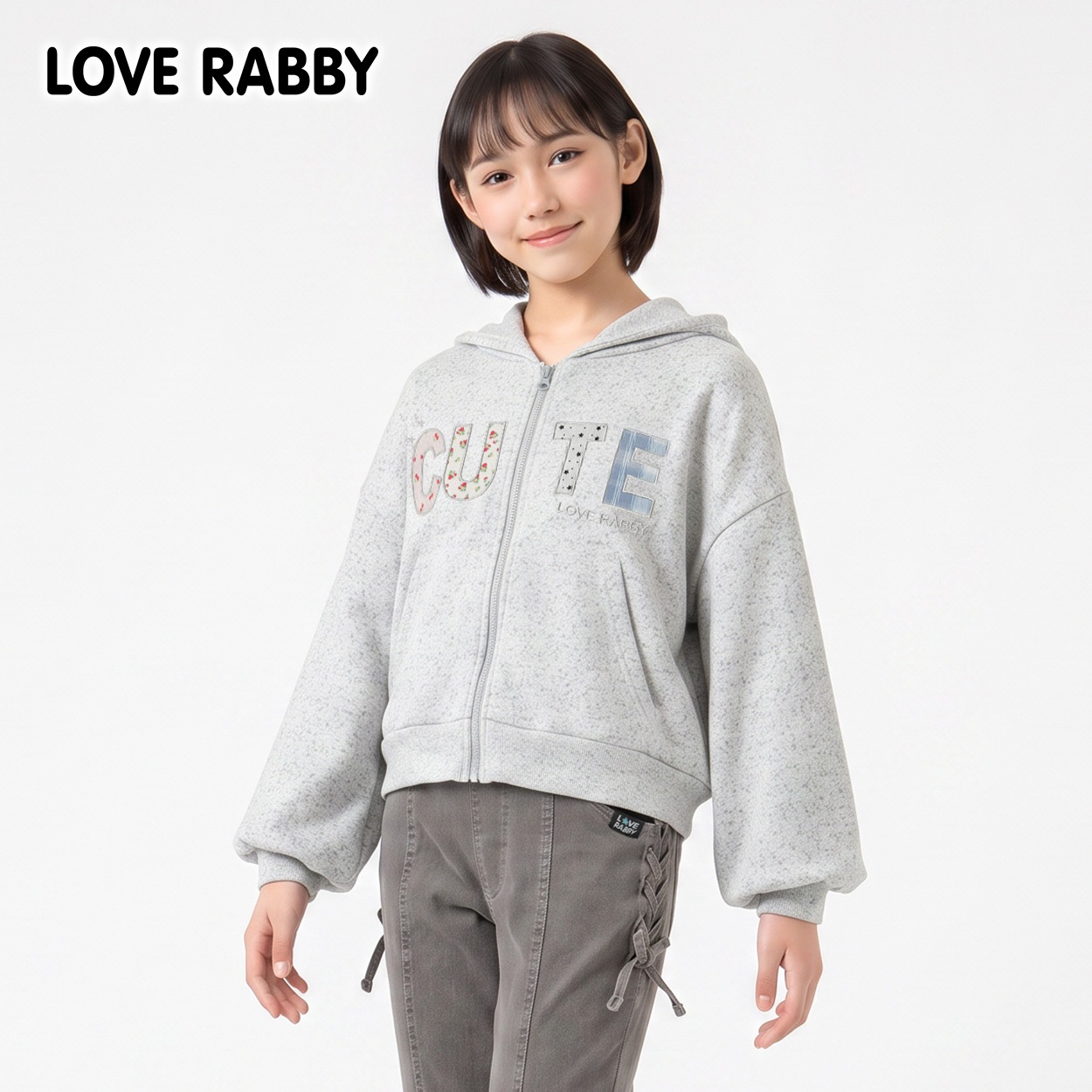 LOVERABBY(ラブラビ) アマ裏毛アップリケジップパーカー キッズ 女の子 130cm-160cm(グレー-140cm)