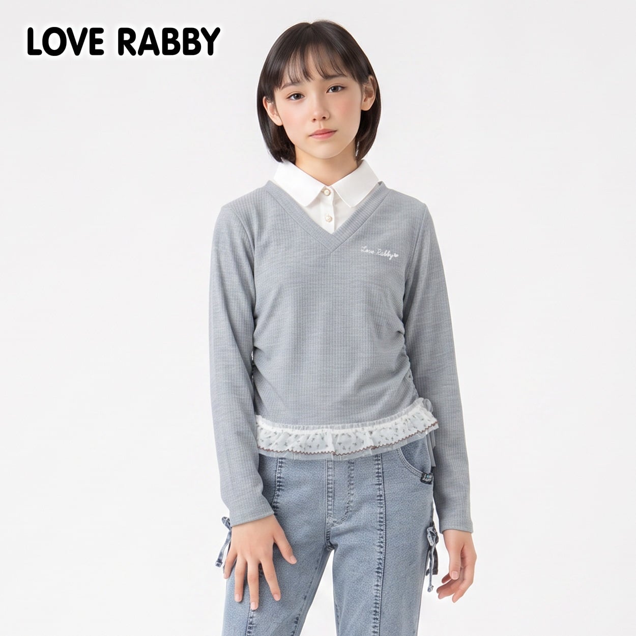LOVERABBY(ラブラビ) テレコ脇レースアップフェイクレイヤードTシャツ キッズ 女の子 130cm-160cm(グレー-130cm)