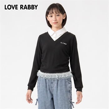 LOVERABBY(ラブラビ) テレコ脇レースアップフェイクレイヤードTシャツ キッズ 女の子 130cm-160cm(ブラック-130cm)