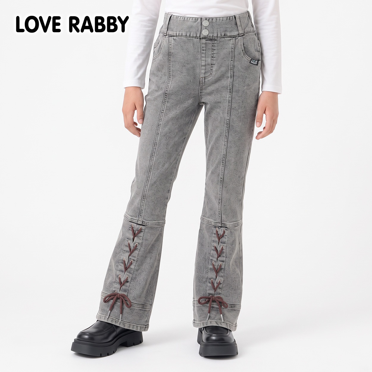 LOVERABBY(ラブラビ) 裏起毛デニムレースアップパンツ キッズ 女の子 130cm-160cm(ブラック-140cm)