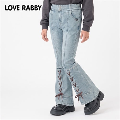 LOVERABBY(ラブラビ) 裏起毛デニムレースアップパンツ キッズ 女の子 130cm-160cm(ブルー-130cm)