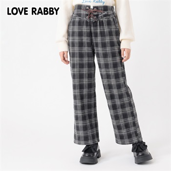 LOVERABBY(ラブラビ) 裏起毛チェックボンディングワイドパンツ キッズ 女の子 130cm-160cm(ブラック-130cm)