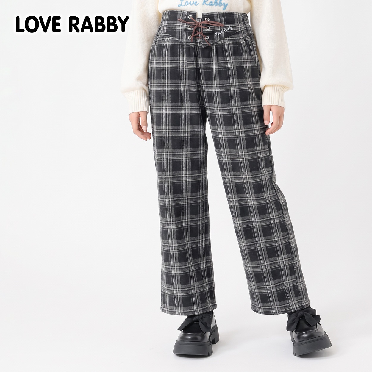 LOVERABBY(ラブラビ) 裏起毛チェックボンディングワイドパンツ キッズ 女の子 130cm-160cm(ブラック-160cm)