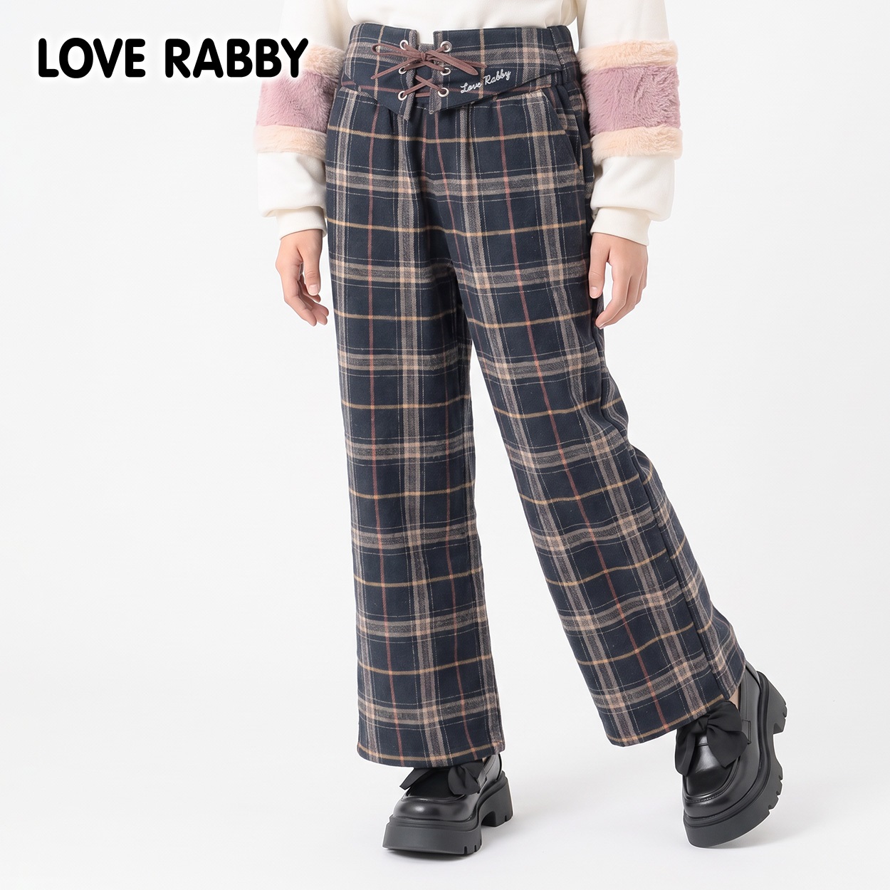 LOVERABBY(ラブラビ) 裏起毛チェックボンディングワイドパンツ キッズ 女の子 130cm-160cm(ネイビー-150cm)