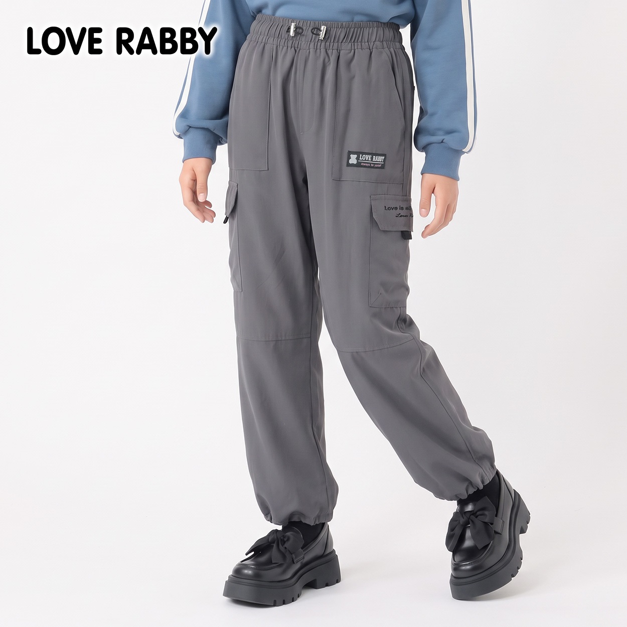 LOVERABBY(ラブラビ) 裏フリースカーゴパンツ キッズ 女の子 130cm-160cm(チャコールグレー-130cm)
