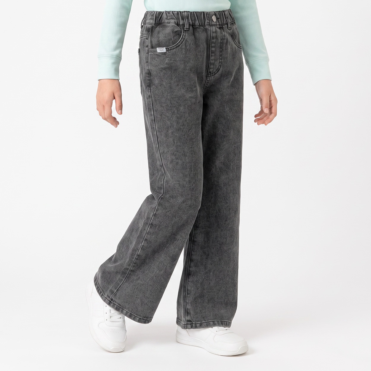 デニムフレアパンツ キッズ 女の子 130cm-160cm(チャコールグレー-150cm)