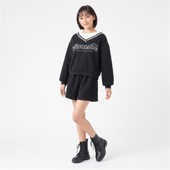 ジャガードフェイクレイヤードセットアップ キッズ 女の子 130cm-160cm(ブラック-130cm)
