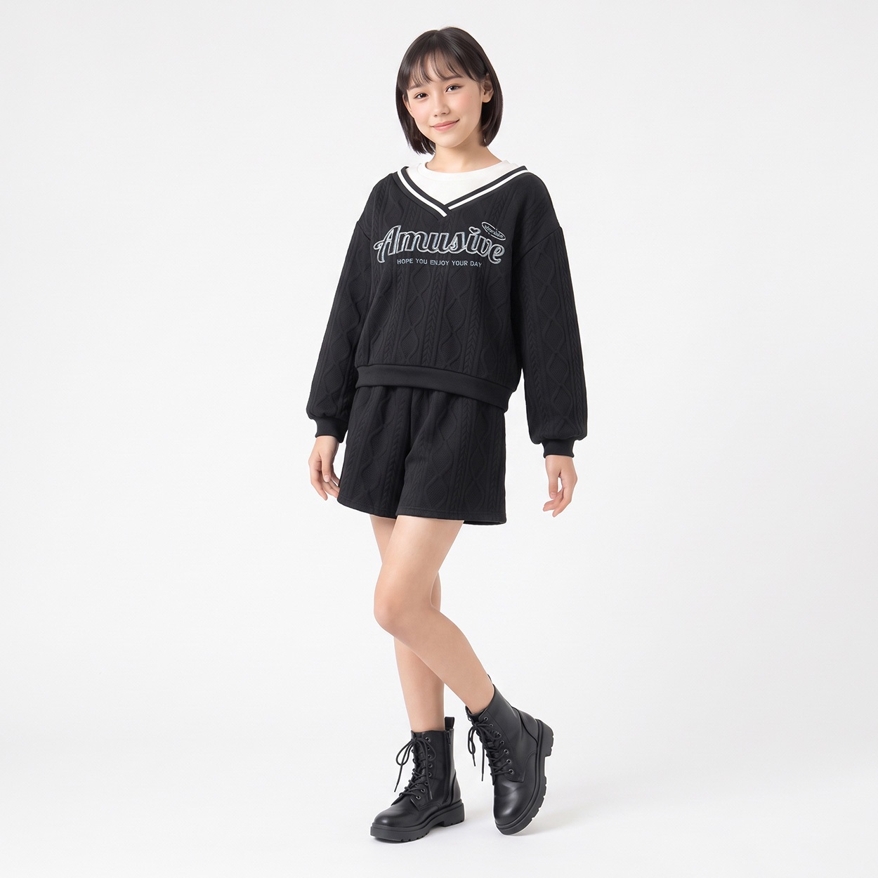 ジャガードフェイクレイヤードセットアップ キッズ 女の子 130cm-160cm(ブラック-140cm)