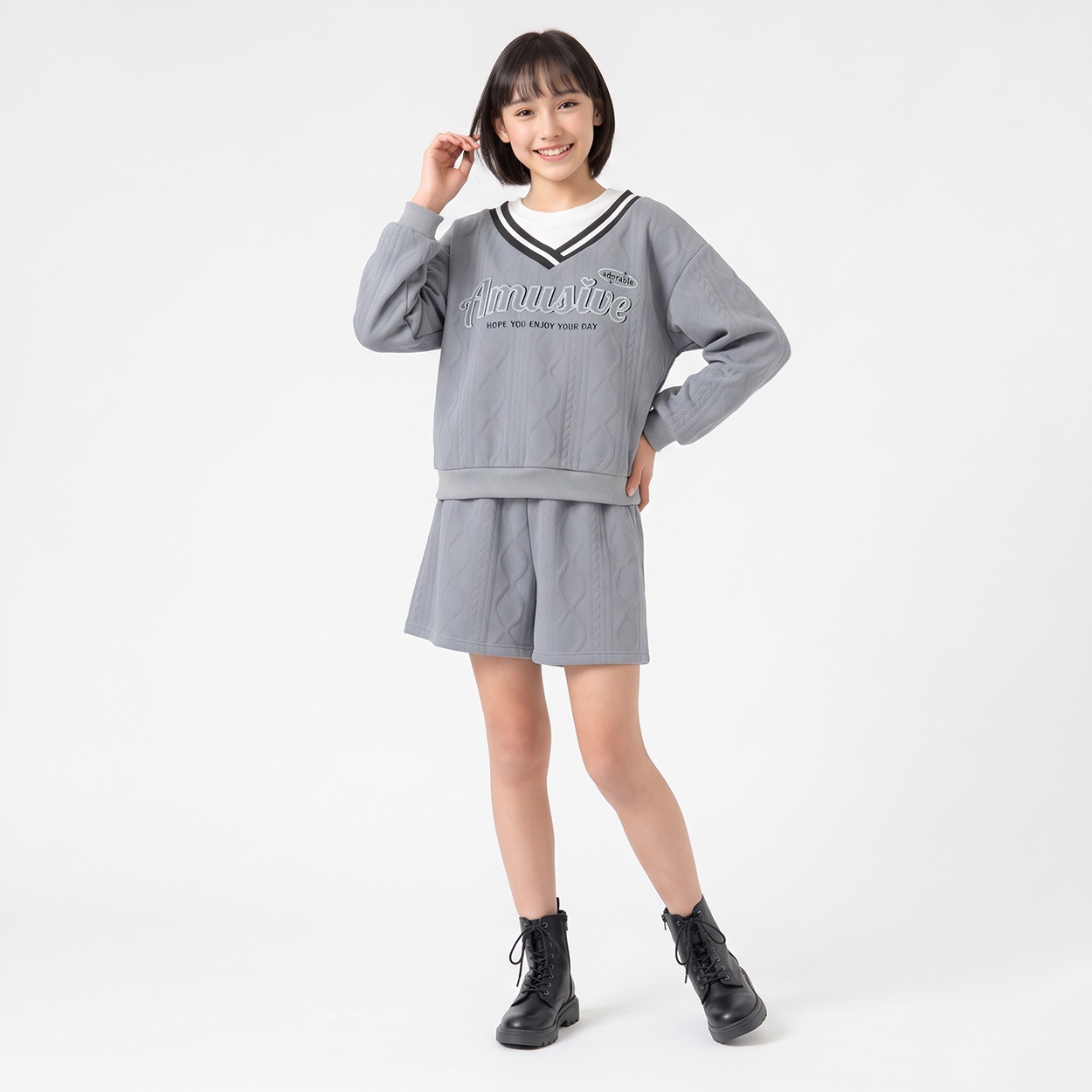 ジャガードフェイクレイヤードセットアップ キッズ 女の子 130cm-160cm(ブルーグレー-150cm)