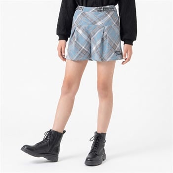 チェックビエラ刺しゅう入りウエストベルトキュロット キッズ 女の子 130cm-160cm(サックス-130cm)
