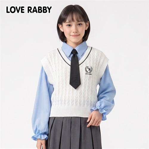 LOVERABBY(ラブラビ) ケーブルベスト重ね着風タイ付きシャツ キッズ 女の子 （130～160cm）(ホワイト-130cm)