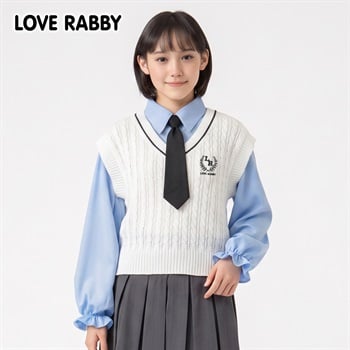 LOVERABBY(ラブラビ) ケーブルベスト重ね着風タイ付きシャツ キッズ 女の子 （130～160cm）(ホワイト-130cm)