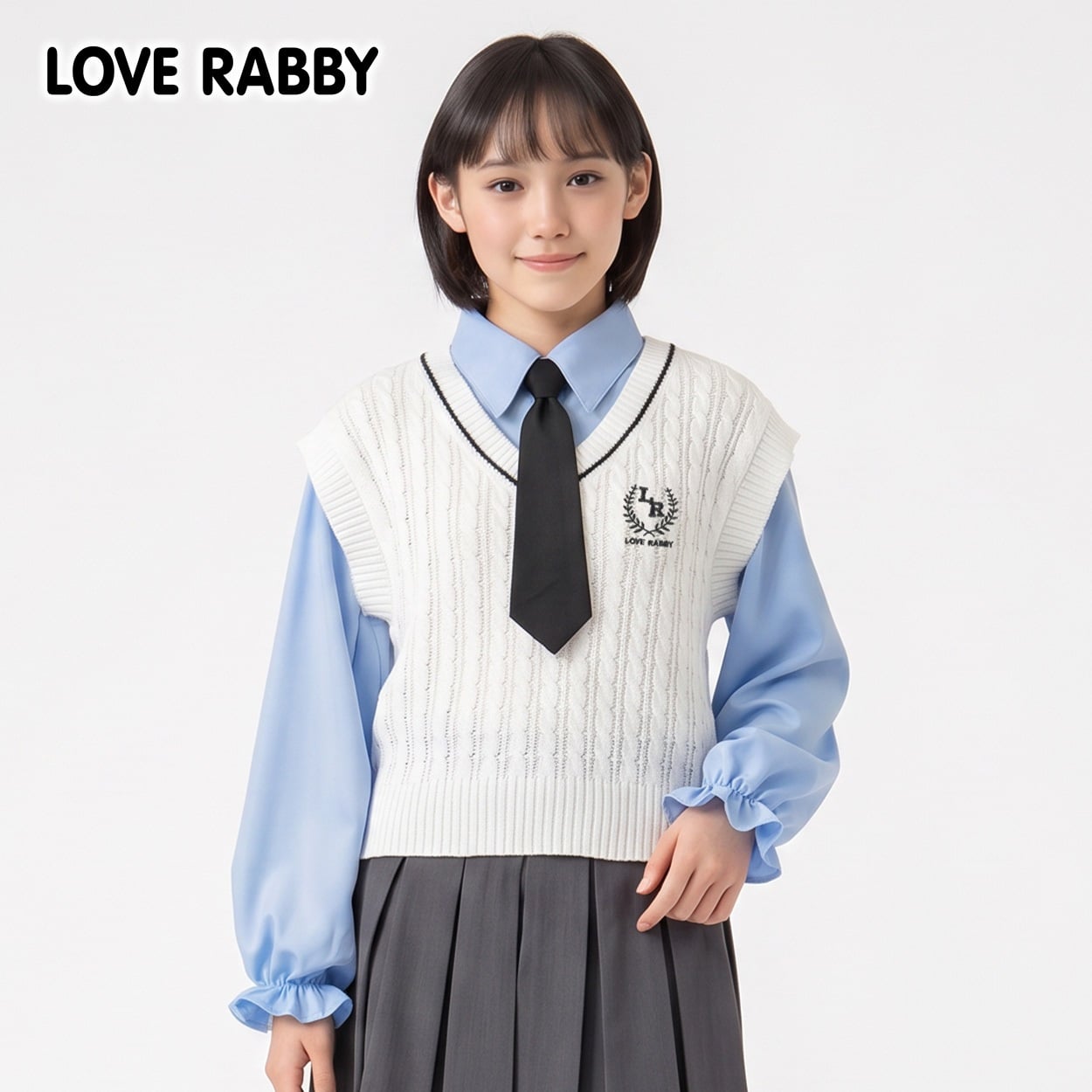LOVERABBY(ラブラビ) ケーブルベスト重ね着風タイ付きシャツ キッズ 女の子 （130～160cm）(ホワイト-160cm)