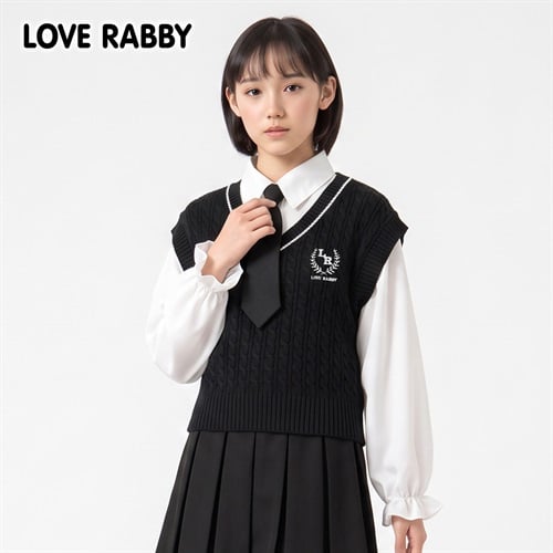 LOVERABBY(ラブラビ) ケーブルベスト重ね着風タイ付きシャツ キッズ 女の子 （130～160cm）