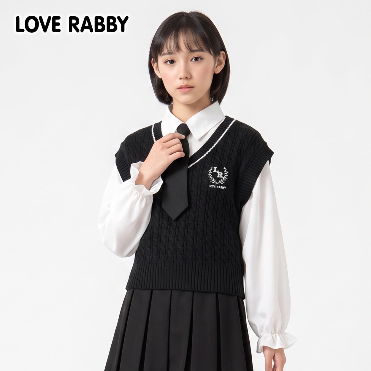 LOVERABBY(ラブラビ) ケーブルベスト重ね着風タイ付きシャツ キッズ 女の子 （130～160cm）(ブラック-160cm)
