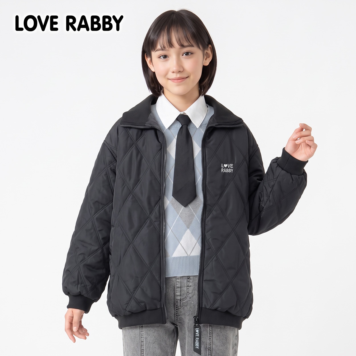 LOVERABBY(ラブラビ) 中綿キルトハーフジャケット キッズ 女の子 130cm-160cm(ブラック-140cm)