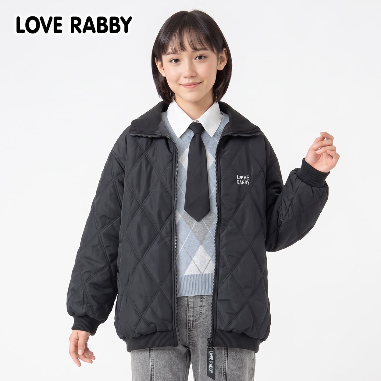 LOVERABBY(ラブラビ) 中綿キルトハーフジャケット キッズ 女の子 130cm-160cm(ブラック-150cm)
