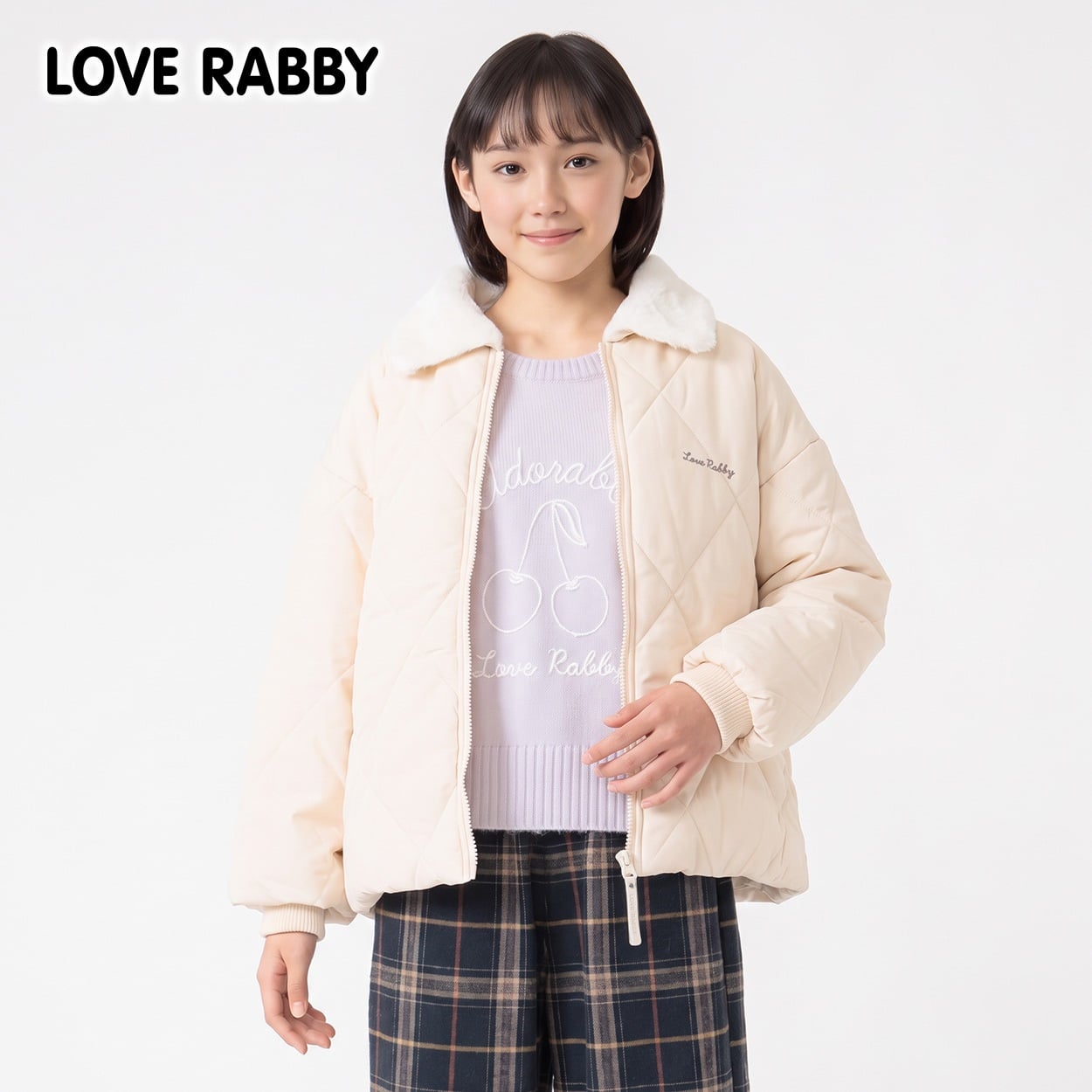 LOVERABBY(ラブラビ) 中綿キルト衿ファージャケット キッズ 女の子 130cm-160cm(ホワイト-130cm)