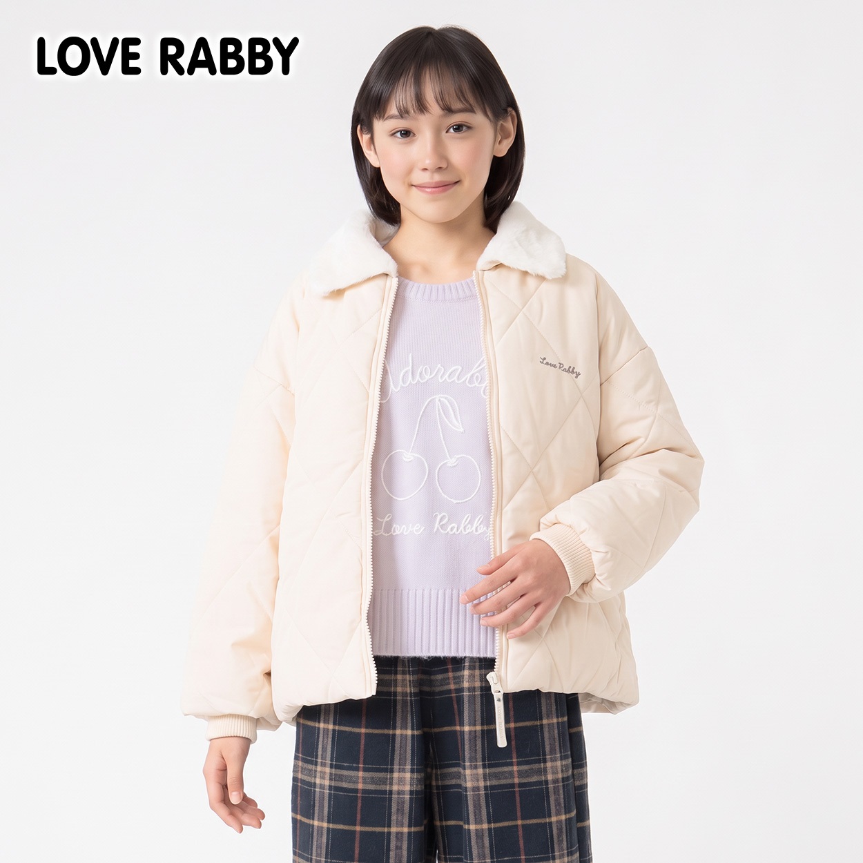 LOVERABBY(ラブラビ) 中綿キルト衿ファージャケット キッズ 女の子 130cm-160cm(ホワイト-150cm)