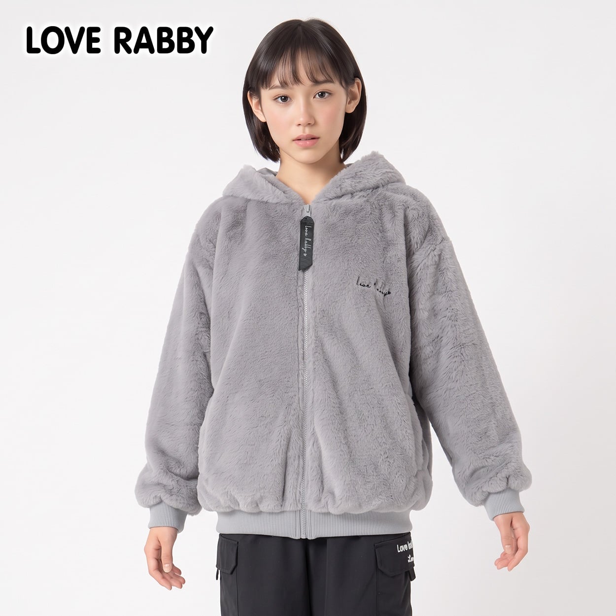 LOVERABBY(ラブラビ) 裏付きファーパーカージャケット キッズ 女の子 130cm-160cm(グレー-160cm)