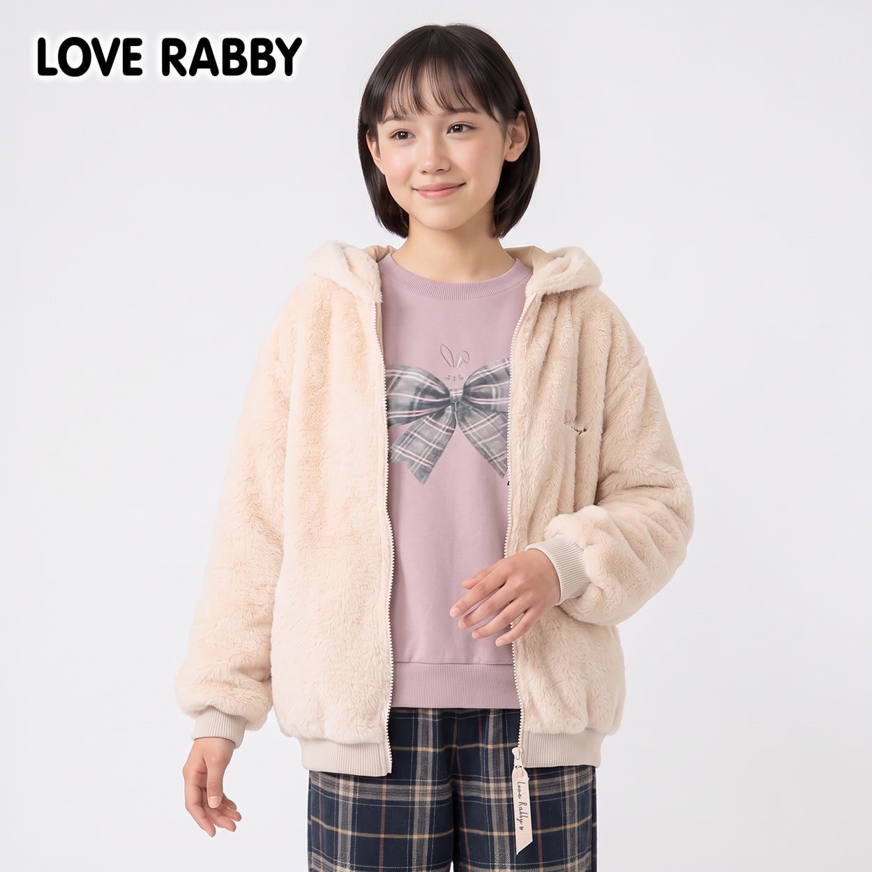 LOVERABBY(ラブラビ) 裏付きファーパーカージャケット キッズ 女の子 130cm-160cm(ベージュ-140cm)