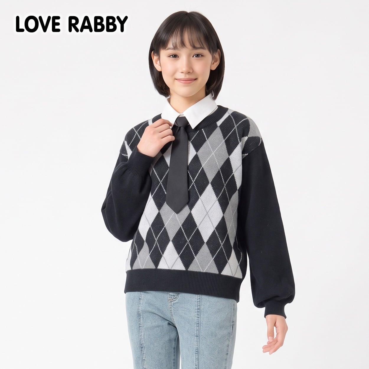 LOVERABBY(ラブラビ) 衿取り外しアーガイルセーター キッズ 女の子 130cm-160cm(ブラック-150cm)