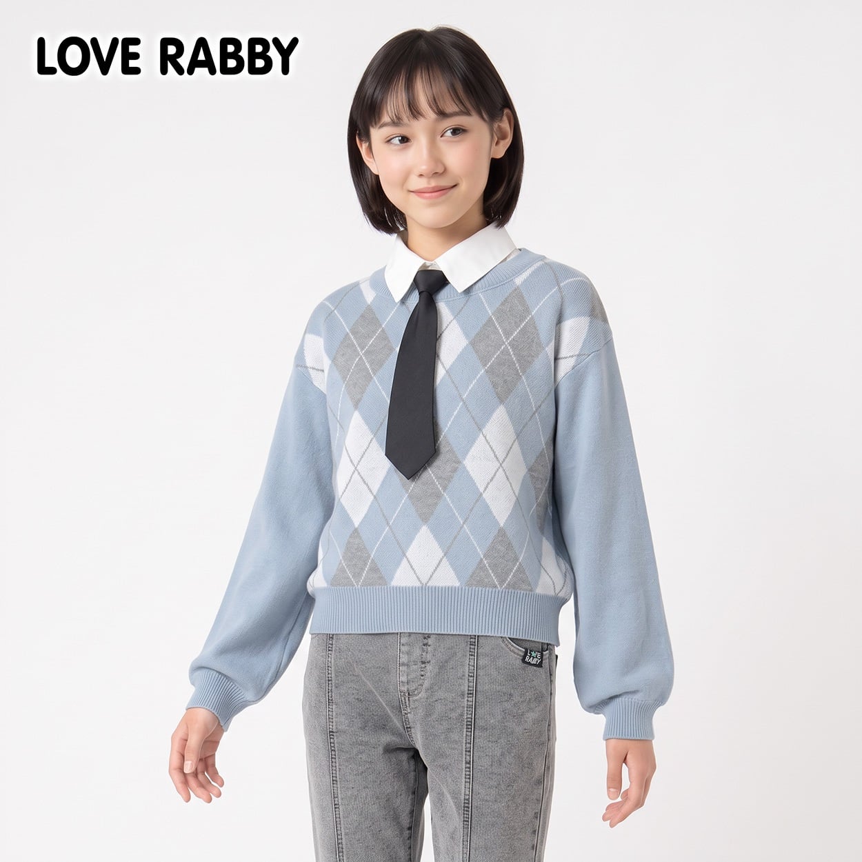 LOVERABBY(ラブラビ) 衿取り外しアーガイルセーター キッズ 女の子 130cm-160cm(ブルー-130cm)