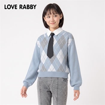 LOVERABBY(ラブラビ) 衿取り外しアーガイルセーター キッズ 女の子 130cm-160cm(ブルー-130cm)