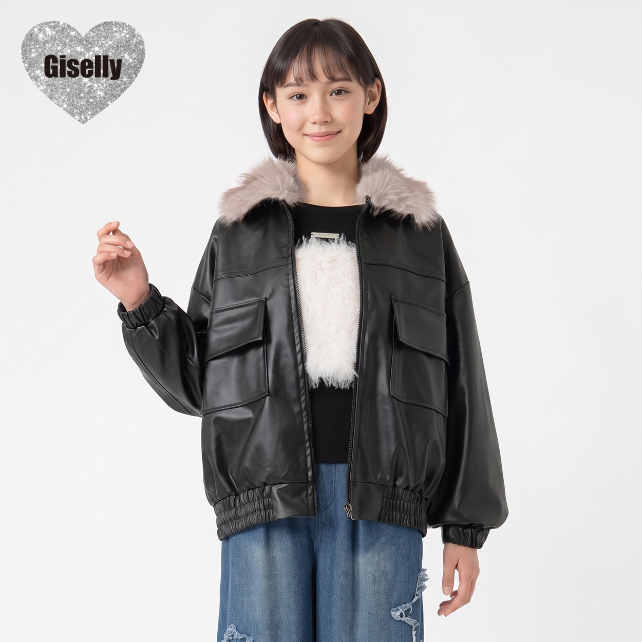 Giselly(ジゼリー) ファー衿付合皮ブルゾン キッズ 女の子 130cm-160cm(ブラック-160cm)