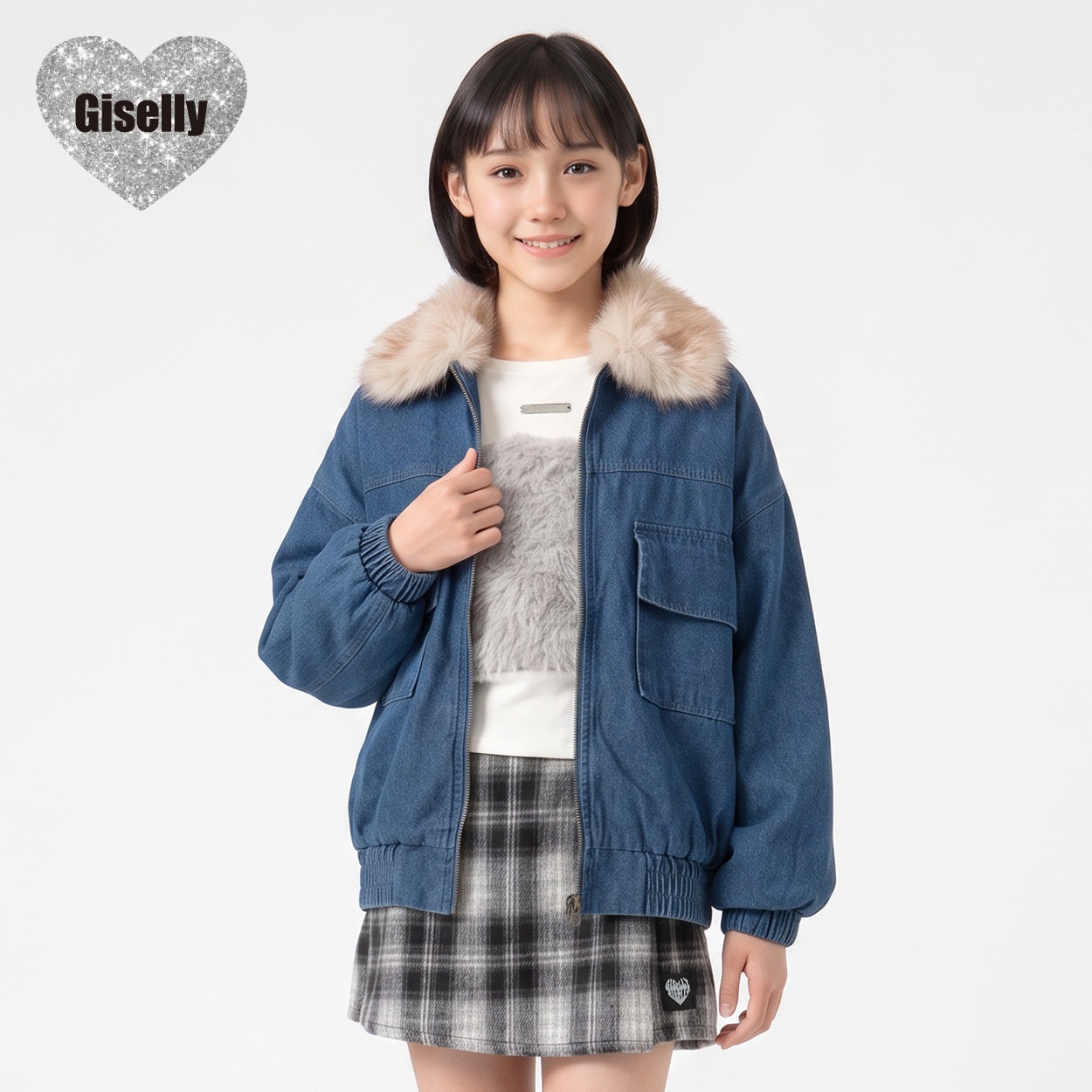 Giselly(ジゼリー) ファー衿付デニムブルゾン キッズ 女の子 130cm