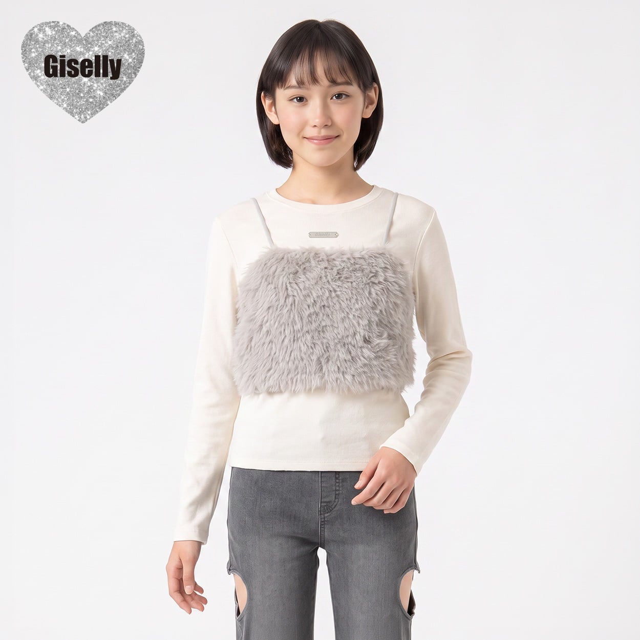Giselly(ジゼリー) ファービスチェ起毛Tシャツアンサンブル キッズ 女の子 130cm-160cm(グレー-140cm)