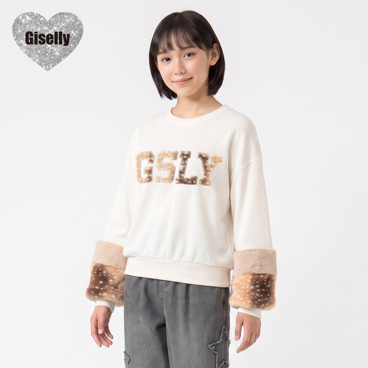 Giselly(ジゼリー) バンビ柄ファー使いプルオーバー キッズ 女の子 130cm-160cm(ホワイト-130cm)