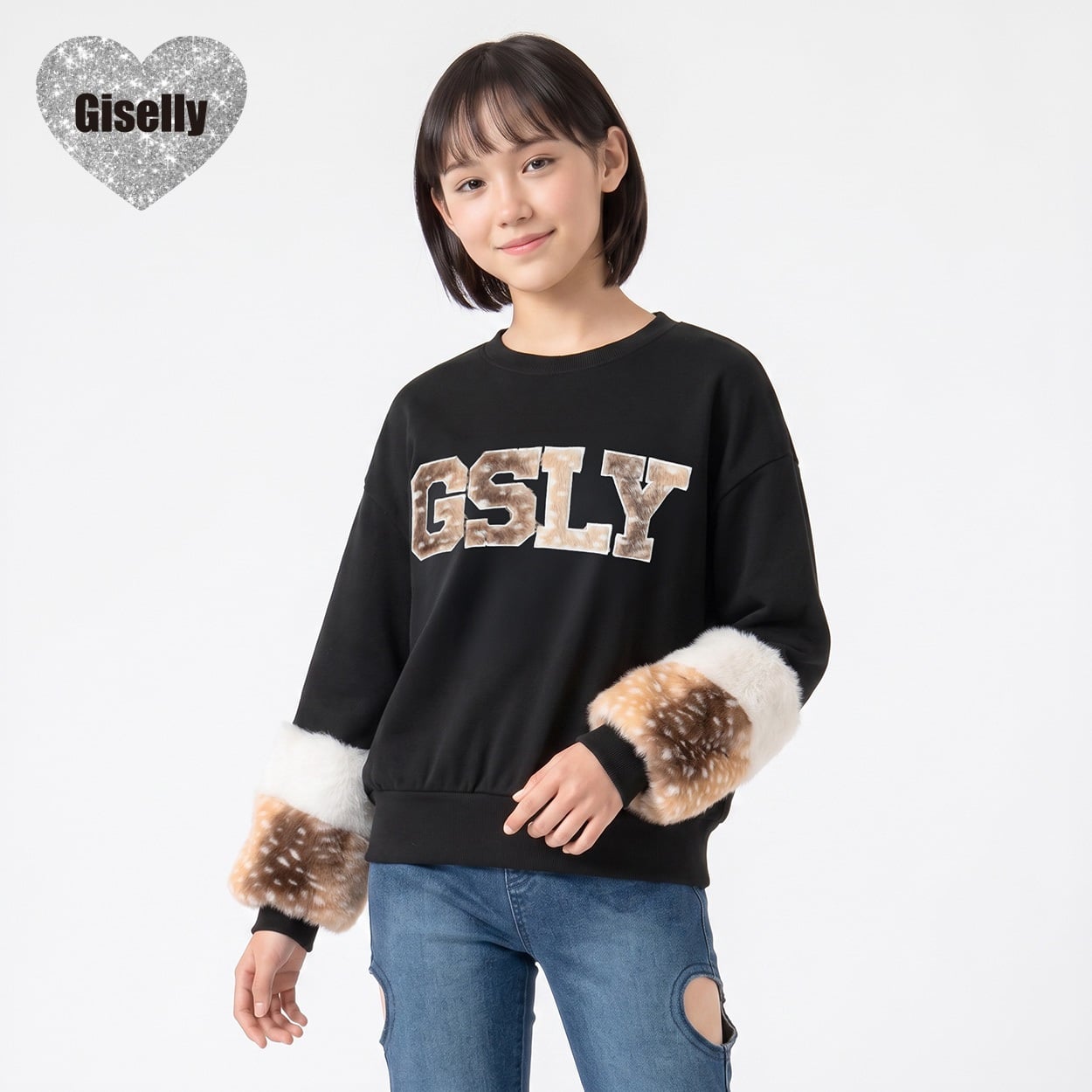 Giselly(ジゼリー) バンビ柄ファー使いプルオーバー キッズ 女の子 130cm-160cm(ブラック-140cm)