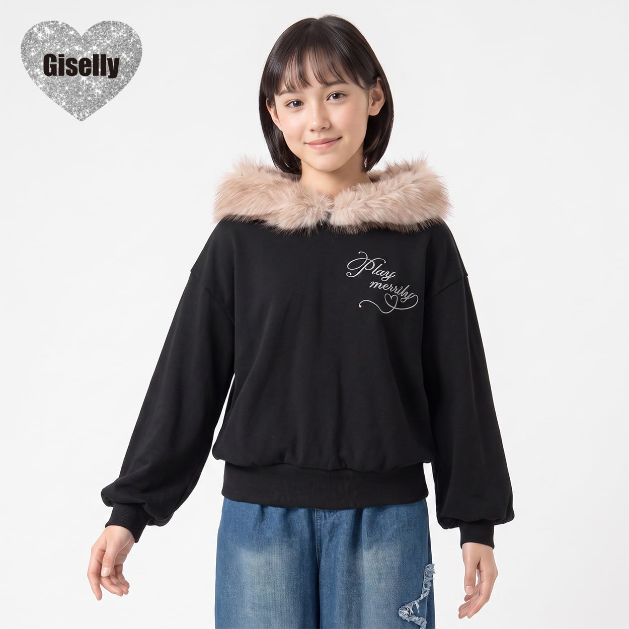 Giselly(ジゼリー) フードファー使いパーカープルオーバー キッズ 女の子 130cm-160cm(ブラック-130cm)
