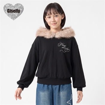 Giselly(ジゼリー) フードファー使いパーカープルオーバー キッズ 女の子 130cm-160cm(ブラック-130cm)